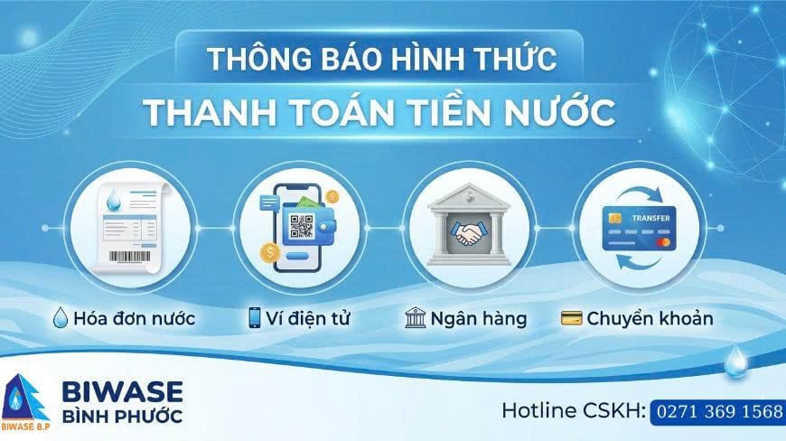 THÔNG BÁO CÁC HÌNH THỨC THANH TOÁN TIỀN NƯỚC BIWASE BÌNH PHƯỚC